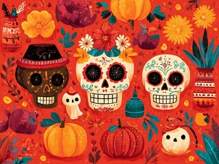 Vibrant Day of the Dead Sugar Skulls with Flowers and Guitars