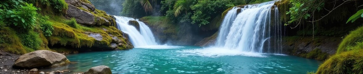 Mesmerizing Geothermal Waterfall Steaming Hot Spring Cascades over Mossy Rocks in a Lush Rainforest