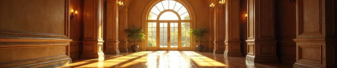 Sunlit Grand Foyer Elegant Hardwood Floors and Arch Windows, Warm and Sophisticated Entryway
