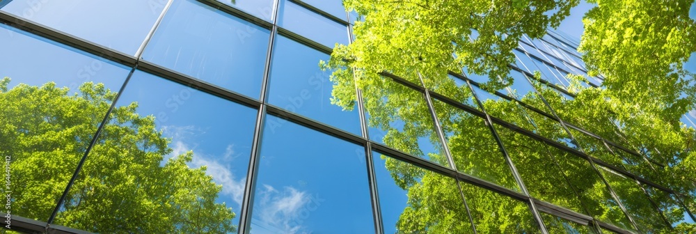 Aufkleber modern office building reflecting trees and sky, emphasizing green architecture and sustainable desi