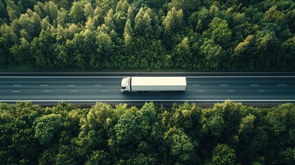 Aerial View of a White Semi-Truck Driving on a Highway Surrounded by Trees