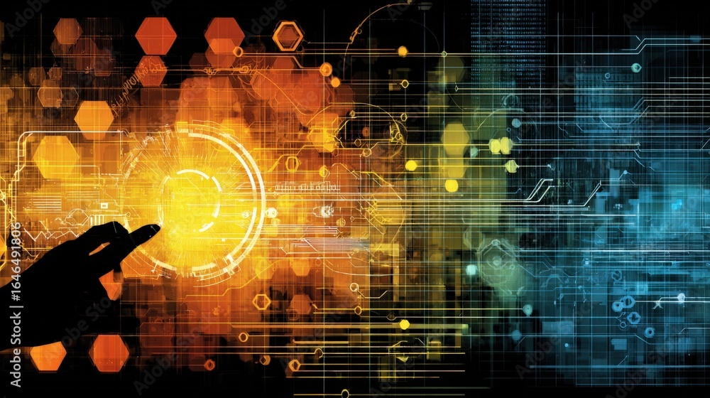 Poster futuristic technology interface with hand touching screen display, abstract digital connectivity and