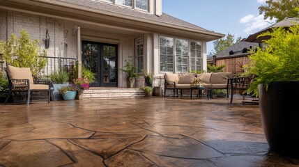 Luxury Home Exterior with Stamped Concrete Patio and Outdoor Furniture on a Sunny Day