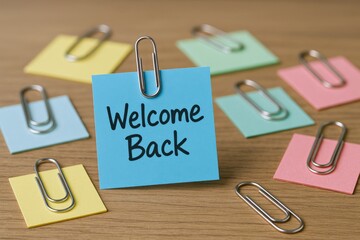 Welcome back message on blue sticky note surrounded by other colorful notes and paperclips on a desk