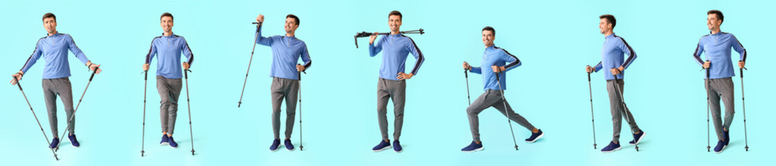 Set of young man with walking poles on light blue background