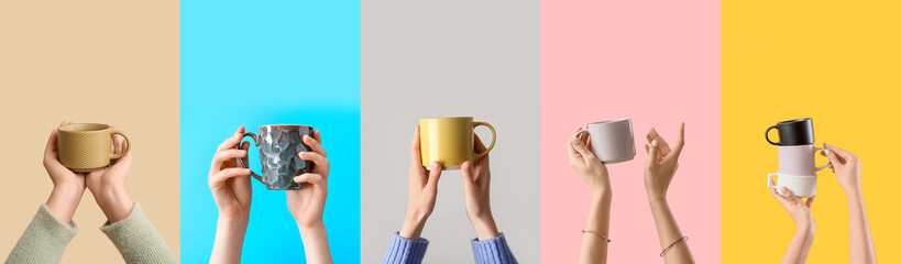Collage of hands holding ceramic cups on color background