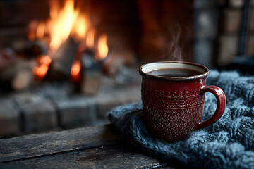 Red mug with hot tea in front of a burning fireplace, comfort and warmth of the hearth concept