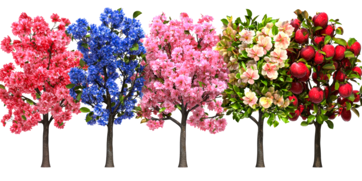 Line of Four Trees Bearing Red Apples Pink Blue and Red Blossoms, cut out transparent