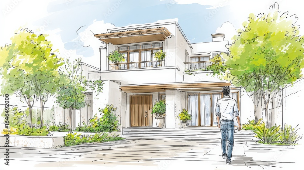 Aufkleber architectural visualization of a modern house with greenery and a man approaching, represented with 