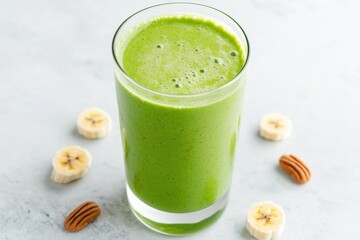 Refreshing green smoothie made with spinach, banana, and nuts, served in clear glass. vibrant color and creamy texture create inviting appearance, perfect for healthy snack or breakfast option