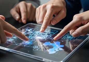 Team collaborates on a digital tablet, analyzing interactive data visualizations.