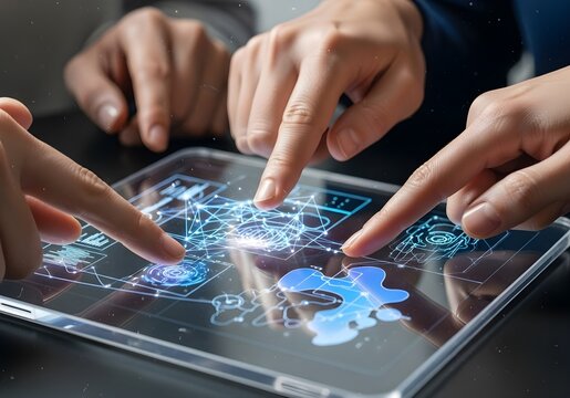 Team collaborates on a digital tablet, analyzing interactive data visualizations.