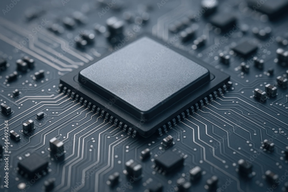 Poster microchip technology: close-up of integrated circuit on motherboard for advanced computing and digit