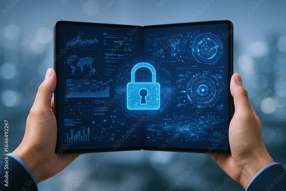 Poster digital security concept: hands holding a tablet displaying a glowing padlock with blue digital inte