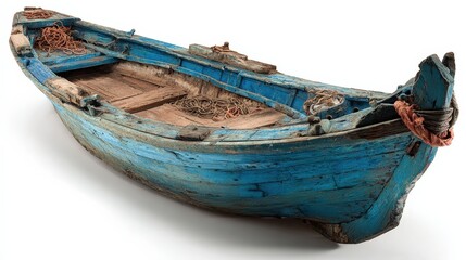 Obraz premium Weathered Blue Fishing Boat: Coastal Nautical Vessel with Ropes and Wooden Deck Detail, Studio Shot