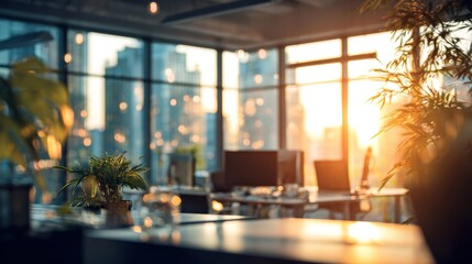 Fototapeta premium Sunset Office Serenity: Modern Workplace with City View