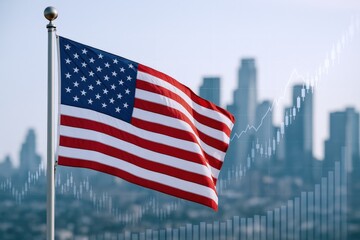 American Flag Waving with a Cityscape and Financial Growth Overlay, Symbolizing Economic Strength