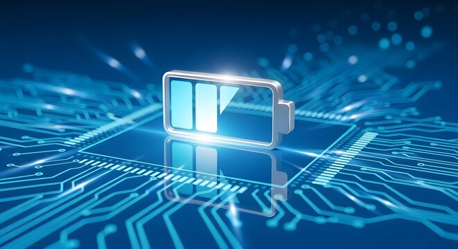Glowing battery icon on a futuristic blue circuit board representing energy