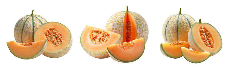 Three sets of cantaloupes with whole, halved, and sliced fruit on a white background studio shot