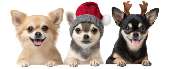 Christmas isolated on transparent background with three cute chihuahua dogs wearing festive hats