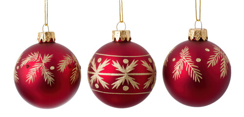 Christmas red ball ornament isolated on transparent background with golden decoration