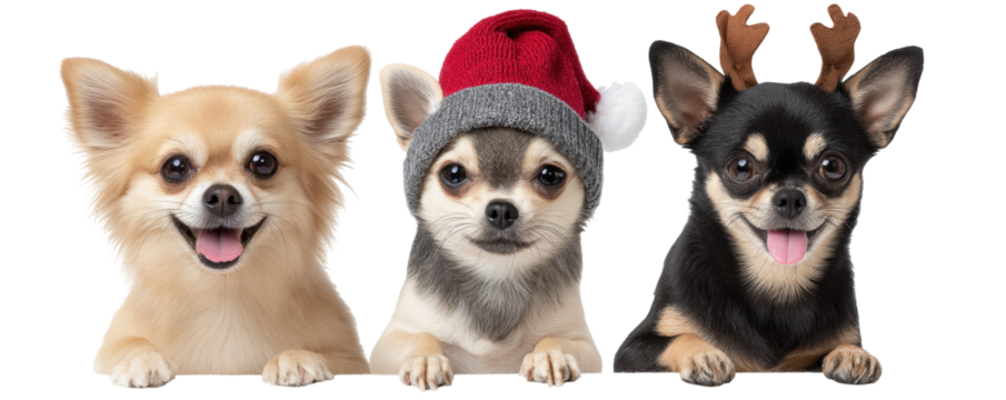 Christmas isolated on transparent background with three cute chihuahua dogs wearing festive hats