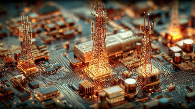 Advanced Telecommunications Infrastructure: High-Tech Circuit Board with Communication Towers for Global Connectivity Solutions
