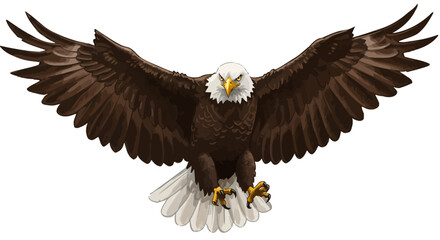 Obraz premium Majestic bald eagle soars with outstretched wings, a powerful vector illustration perfect for patriotic designs and wildlife-themed projects, rendered in high resolution.