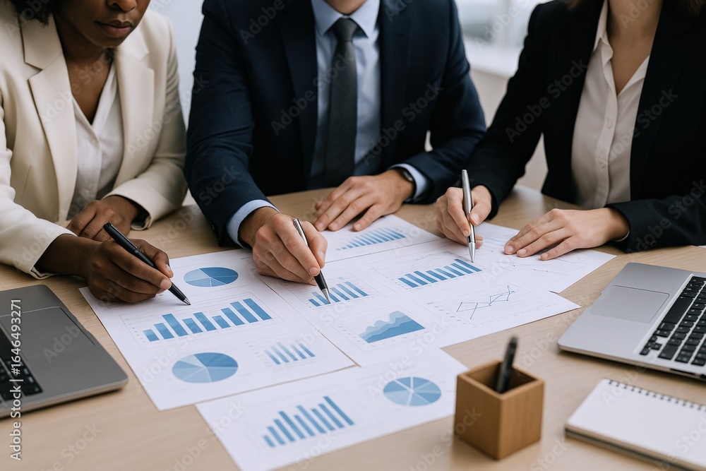 Poster diverse business team analyzing charts and graphs during a collaborative meeting in a modern office