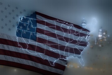 Patriotic American Flag and USA Map Silhouette Overlayed for Independence Day or Election Imagery
