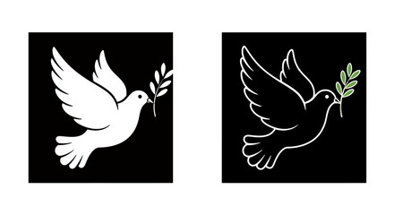 A graceful white dove in flight, holding an olive branch, symbolizing peace and hope, presented in a clean vector graphic format.