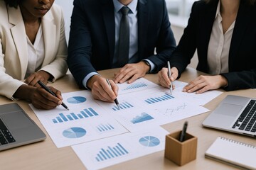 Diverse business team analyzing charts and graphs during a collaborative meeting in a modern office