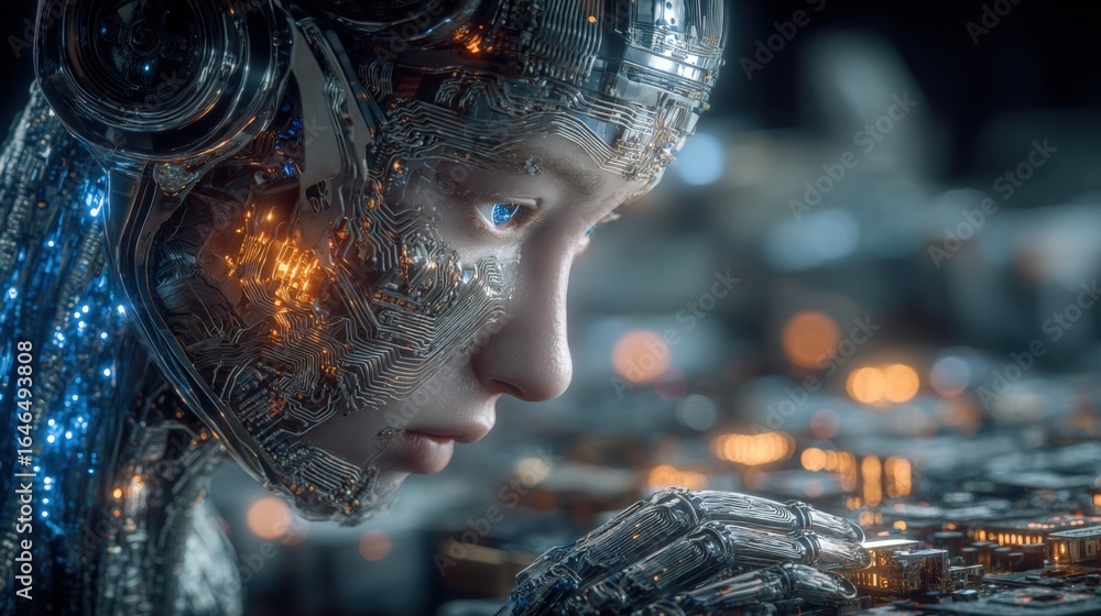 Poster advanced humanoid robot with ai capabilities, futuristic technology and cybernetic enhancements, con