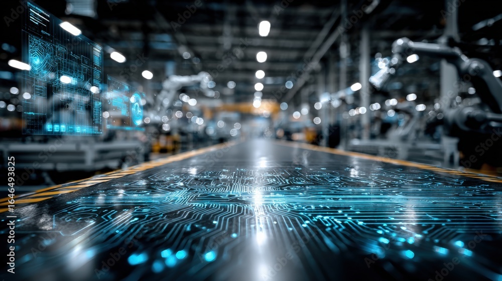 Poster advanced manufacturing: automated production line with digital interface, robotics, and advanced tec