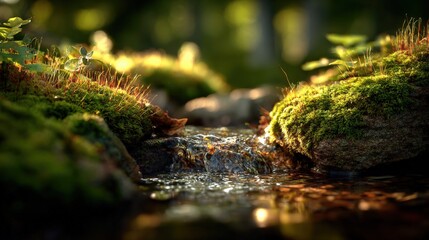Tranquil Forest Stream Flowing Over Moss Covered Rocks in Golden Light, Creating a Serene Nature Scene