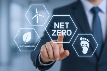 Obraz premium Net Zero Emission Commitment: Businessman Activating Sustainability Interface for Environmental Responsibility and Corporate Climate Goals