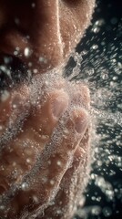 Fototapeta premium Refreshing splash of water on hands, showcasing hygiene, purity, and the invigorating feeling of cleanliness