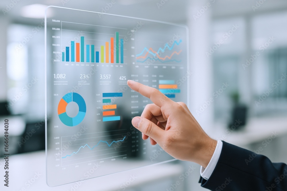Poster interactive data visualization on transparent screen: business analytics and financial reporting for