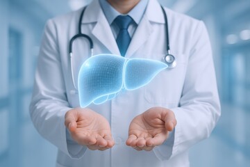 Doctor Holding Hologram of Liver: Medical Professional Displaying Advanced Technology for Healthcare and Organ Examination