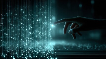 Digital Technology Interface: Hand Touching Glowing Particles Stream, Futuristic Connection, Data Flow, Innovative Technology
