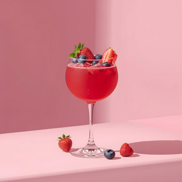 A refreshing summer berry cocktail with fresh strawberries and blueberries, served in a large glass against a minimalist pink background with strong sunlight.