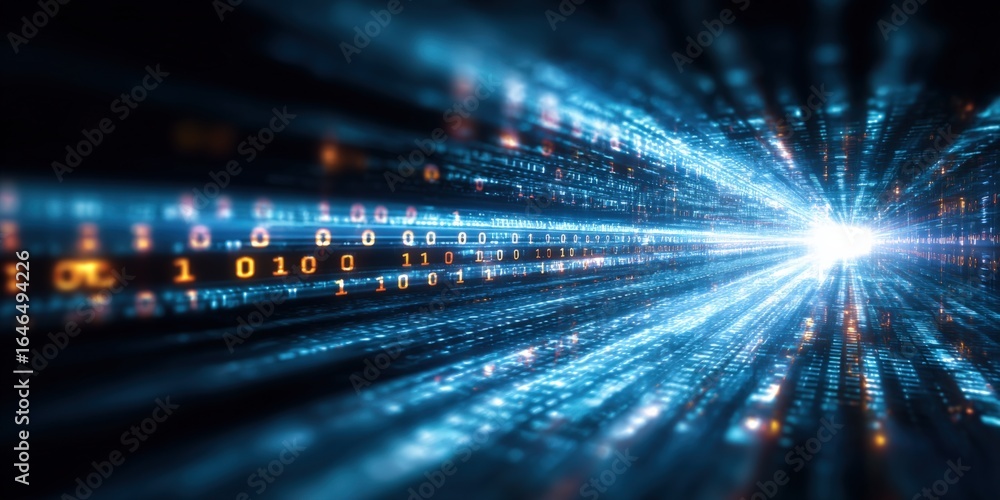 Poster abstract digital binary code tunnel with light, data stream concept, technology background, and futu