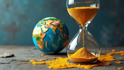 A conceptual illustration of a melting globe inside an hourglass, representing climate change urgency and limited time to act.
