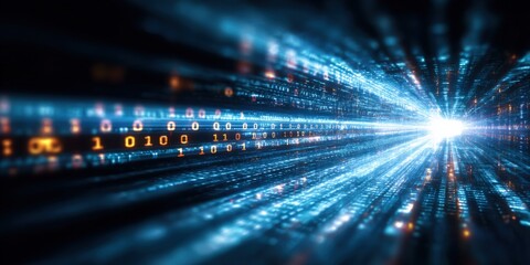 Abstract digital binary code tunnel with light, data stream concept, technology background, and futuristic vision