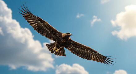 Obraz premium A Magnificent Golden Eagle Soars Through the Expansive Blue Sky, Its Powerful Wings Outstretched, Capturing the Essence of Freedom and Untamed Wilderness