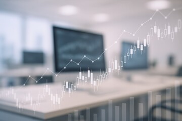Stock Market Chart Overlay on Modern Office Space, Financial Data Visualization and Business Analysis