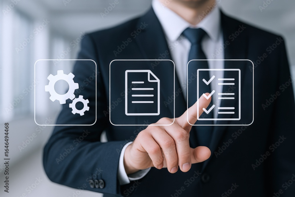 Poster business process automation concept: man interacting with digital workflow icons for efficiency and 