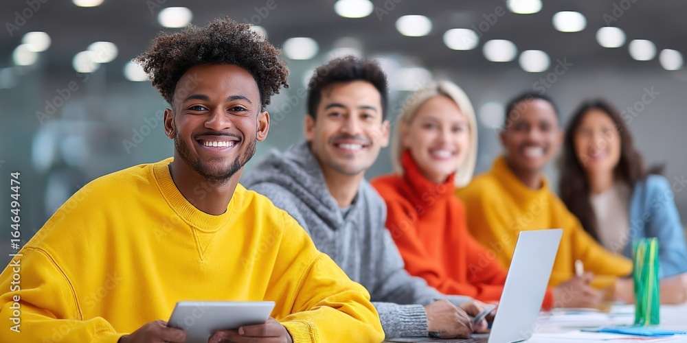 Poster diverse group of students smiling together while studying with digital devices and laptops in a brig