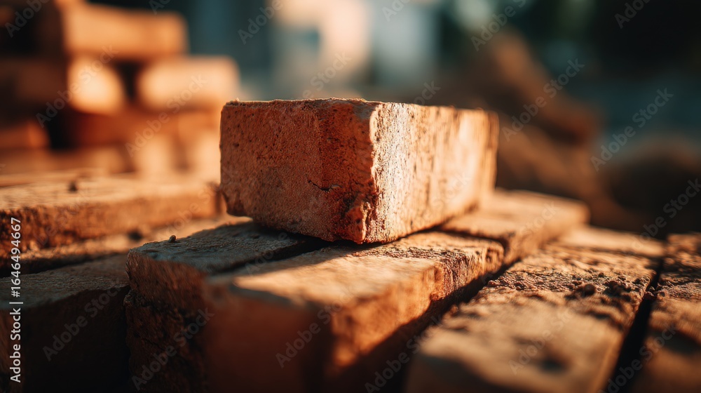 Poster stack of clay bricks for construction and building materials, close-up view with selective focus