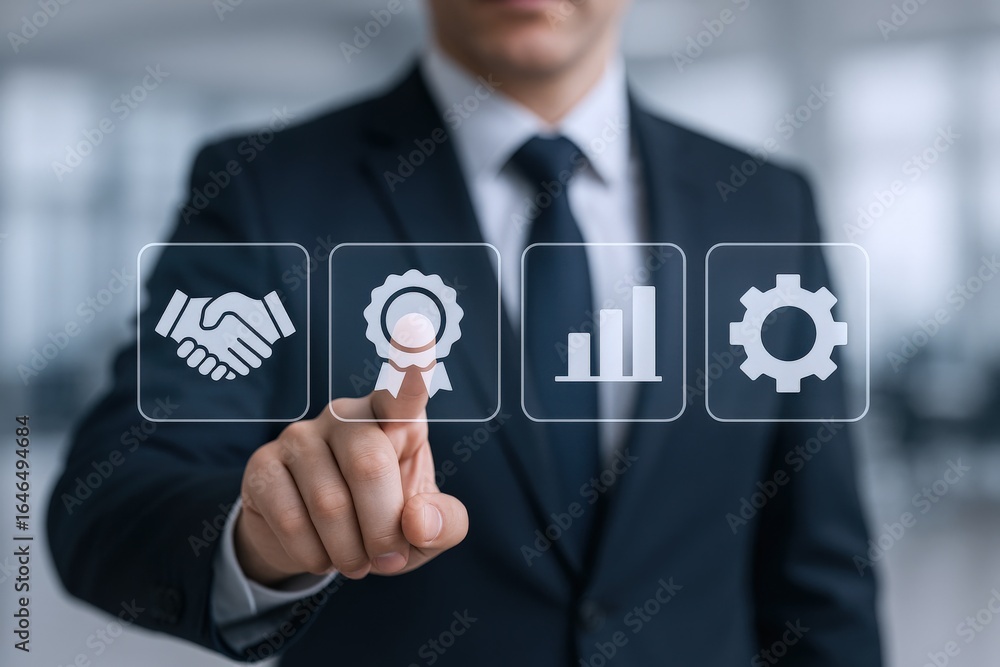 Aufkleber businessman activating digital quality control icons for business operations and strategy with seaml